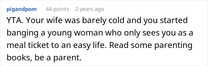 A Reddit comment criticizing a dad for moving on quickly and hiring a nanny, suggesting he should parent his kids. A Reddit comment criticizing a dad for moving on quickly and hiring a nanny, suggesting he should parent his kids.