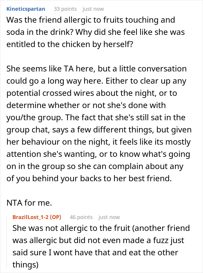More Reddit comments about the picky eater and her behavior regarding the sushi order. More Reddit comments about the picky eater and her behavior regarding the sushi order.