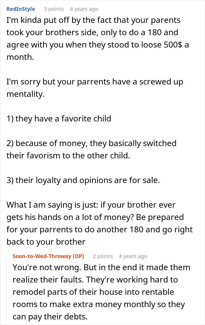 A Reddit comment discussing the entitled man's parents taking his brother's side at the wedding, then switching.
