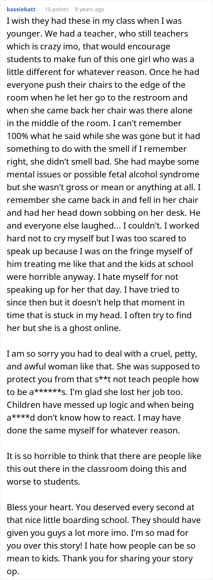A user shares a story about a teacher encouraging class to bully a boy with Asperger's, describing the traumatic experience. A user shares a story about a teacher encouraging class to bully a boy with Asperger's, describing the traumatic experience.