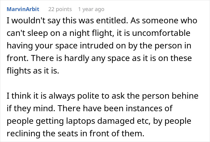 A detailed comment about discomfort from reclining seats on an overnight flight and importance of asking permission.