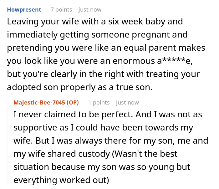 A screenshot of a Reddit comment section, discussing a dad refusing to separate his sons by blood or adoption, and his newly found bio son taking it personally. A screenshot of a Reddit comment section, discussing a dad refusing to separate his sons by blood or adoption, and his newly found bio son taking it personally.