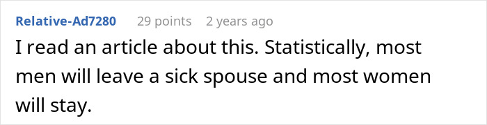 A comment on an article about men leaving a sick spouse while women stay, referencing a man carrying his family.