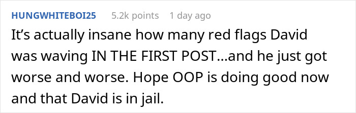 Screenshot of HUNGWHITEBOI25's comment about David's red flags and hoping OOP is doing good, friends help with childish BF. Screenshot of HUNGWHITEBOI25's comment about David's red flags and hoping OOP is doing good, friends help with childish BF.