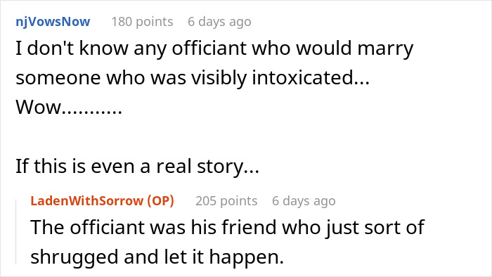 Reddit comments discuss an officiant marrying a drunk groom, and the wedding planner's perspective. Reddit comments discuss an officiant marrying a drunk groom, and the wedding planner's perspective.