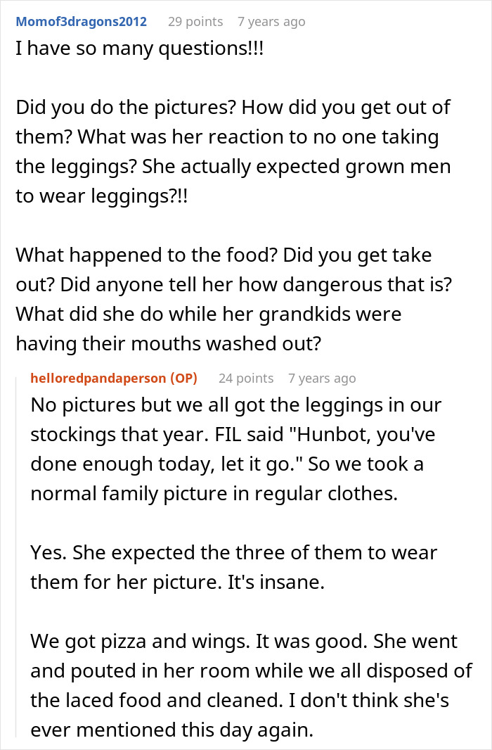 A Reddit comment section details a wild Thanksgiving incident where MIL put essential oils in holiday dishes and expected men to wear leggings. A Reddit comment section details a wild Thanksgiving incident where MIL put essential oils in holiday dishes and expected men to wear leggings.
