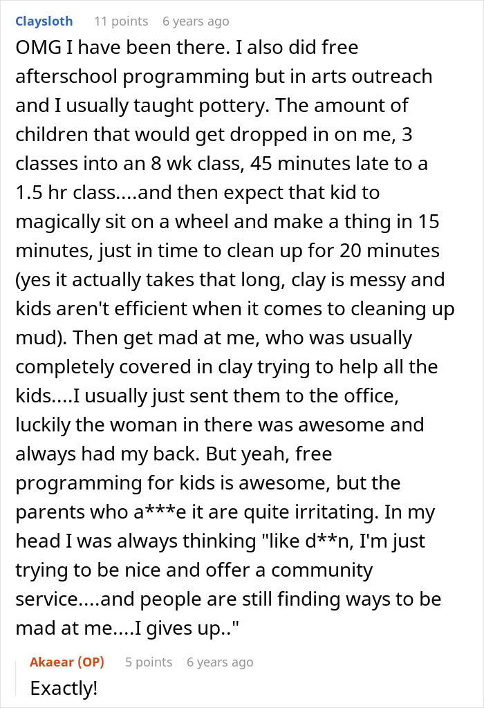 A screenshot of a Reddit comment describing how entitled moms treat community class like free daycare, dropping kids off late. A screenshot of a Reddit comment describing how entitled moms treat community class like free daycare, dropping kids off late.