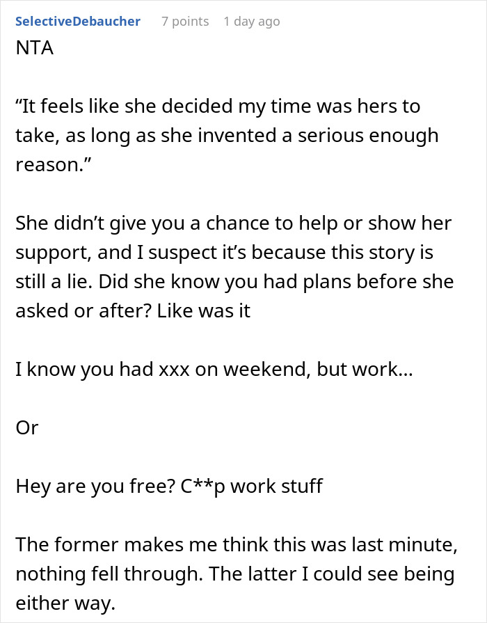 A comment regarding a single mom who lied to get her sister to babysit, emphasizing the sister's time was taken. A comment regarding a single mom who lied to get her sister to babysit, emphasizing the sister's time was taken.