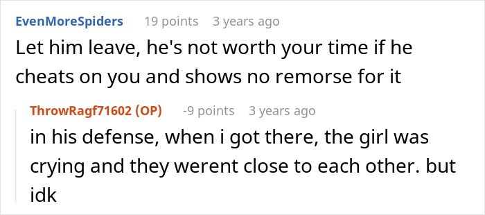 A screenshot of a Reddit comment from EvenMoreSpiders, advising to leave the cheating ex.