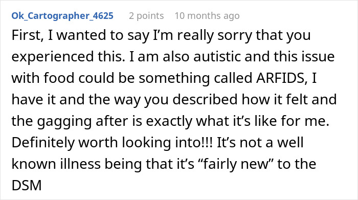 A screenshot of a Reddit comment offering insight into ARFID related to a teen showing a friend what happens if she's forced to eat what she doesn't want. A screenshot of a Reddit comment offering insight into ARFID related to a teen showing a friend what happens if she's forced to eat what she doesn't want.