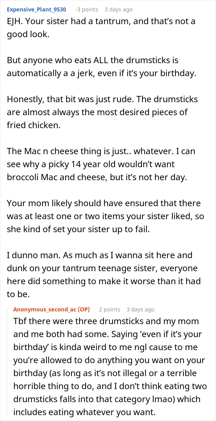 A screenshot of a comment analyzing the teen sister's tantrum and the food choices at the birthday dinner.