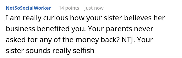 Screenshot of a Reddit comment about a woman learning her sister received her college fund, calling the sister selfish. Screenshot of a Reddit comment about a woman learning her sister received her college fund, calling the sister selfish.