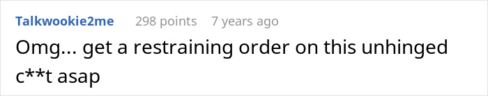 A Reddit comment suggesting a restraining order against the crazy MIL for her unhinged behavior.