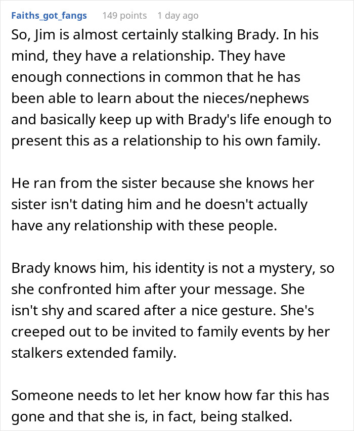 A detailed Reddit comment explaining how Jim is stalking Brady, clarifying the relationship and details.