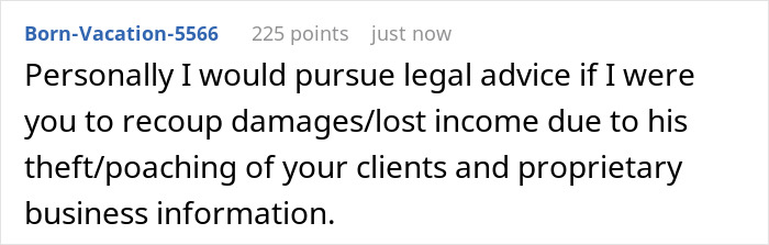 A Reddit comment recommending legal advice to recoup damages from the friend who copied the business. A Reddit comment recommending legal advice to recoup damages from the friend who copied the business.