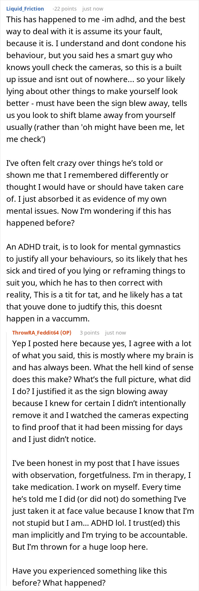 A screenshot of a third comment relating to the guy gaslighting his girlfriend about the missing business sign. A screenshot of a third comment relating to the guy gaslighting his girlfriend about the missing business sign.