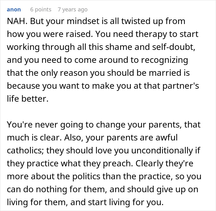 A Reddit comment advising therapy for a woman's shame and self-doubt, after her husband decided to transition and she is lesbian. A Reddit comment advising therapy for a woman's shame and self-doubt, after her husband decided to transition and she is lesbian.