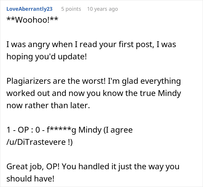 A comment providing advice and celebrating the woman's resolution, stating Plagiarizers are the worst!