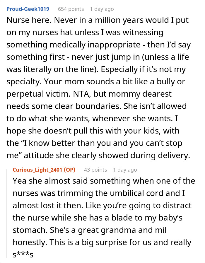 A screenshot of a reddit comment from a nurse discussing a mom's nurse mode during DIL's delivery.