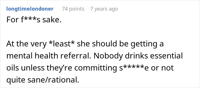 A user comment emphasizing the need for a mental health referral for the crazy MIL who attempted a potion.
