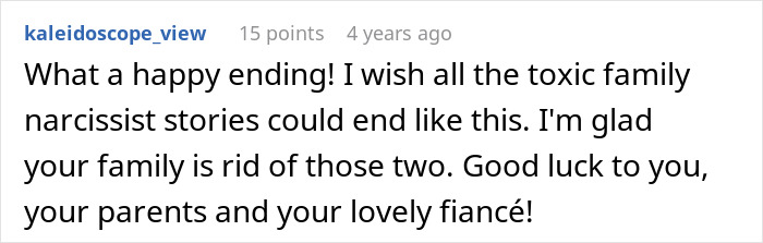 A comment wishing a happy ending for a toxic family narcissist story where an entitled man plans to propose.