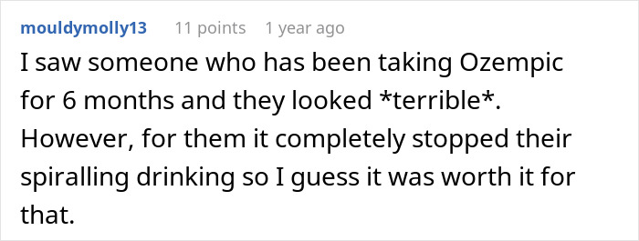 A comment about a woman losing more than just weight while chasing the perfect body using Ozempic, with visible side effects.