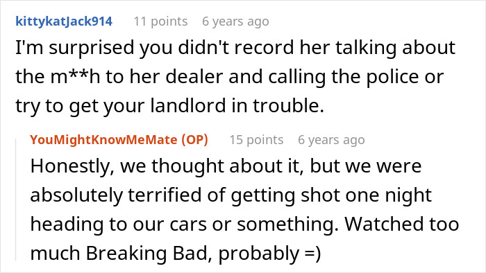 A screenshot displaying comments about a nightmare neighbor, with users discussing reporting illegal activities and fear.