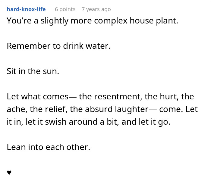 A Reddit comment providing comforting advice for processing emotions after the crazy MIL couldn't survive her most recent potion.