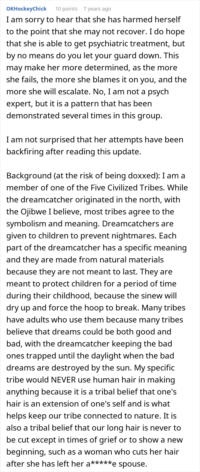 A Reddit comment discussing the MILs failed potion, psychiatric treatment, and dreamcatchers.