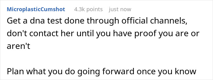 A Reddit comment recommending a DNA test through official channels for the baby's dad and to avoid contact with the ex. A Reddit comment recommending a DNA test through official channels for the baby's dad and to avoid contact with the ex.