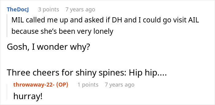 A screenshot of a comment about a lonely MIL asking to visit, sarcastically wondering why, and cheers for shiny spines.