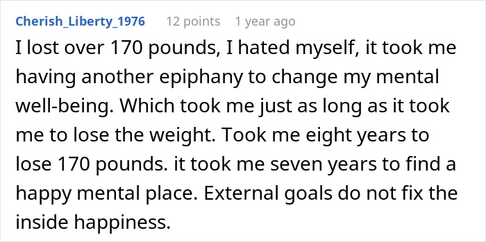 A social media comment from a woman who lost 170 pounds, emphasizing mental well-being over just weight loss.