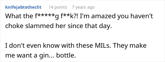A comment expressing extreme disbelief and frustration regarding the crazy MIL's witchcraft and potion incident.