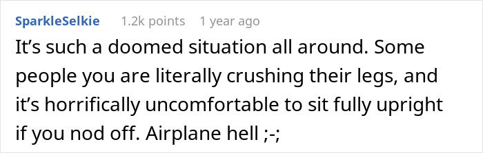 A comment about a woman who physically stops a stranger from reclining on an overnight flight, describing the discomfort of reclining or sitting upright on airplanes.