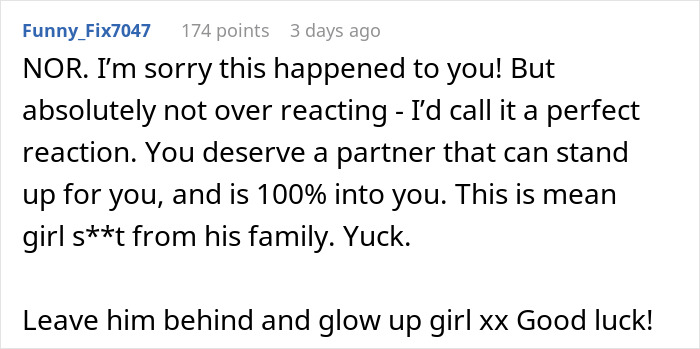 A screenshot of a Reddit comment supporting a woman rethinking her engagement after a backup plan revelation.