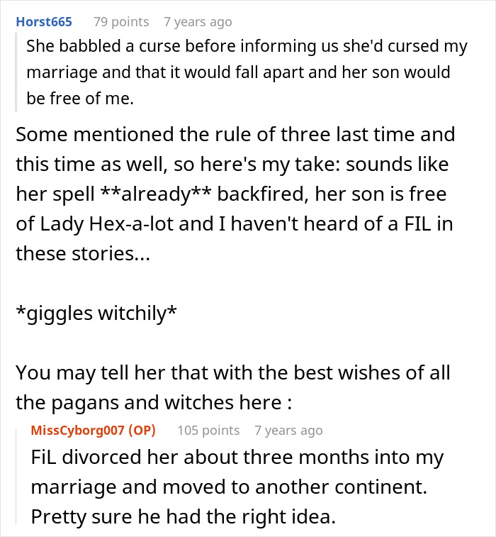 A screenshot of a Reddit comment detailing how a crazy MIL's witchcraft backfired, freeing her son from the marriage.