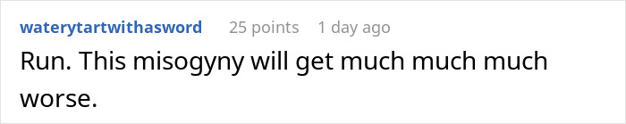 A screenshot of a Reddit comment about a man convincing his girlfriend to finally get married, but she realizes it's a huge mistake months before the wedding.