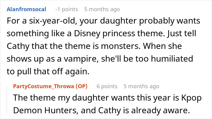 A Reddit comment section discussing a stepmom trying to hijack a kid's birthday with a K-pop character costume. A Reddit comment section discussing a stepmom trying to hijack a kid's birthday with a K-pop character costume.