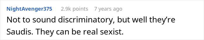 Screenshot of a comment discussing the Saudi dad's refusal of an Arctic tour due to a female leader. Screenshot of a comment discussing the Saudi dad's refusal of an Arctic tour due to a female leader.