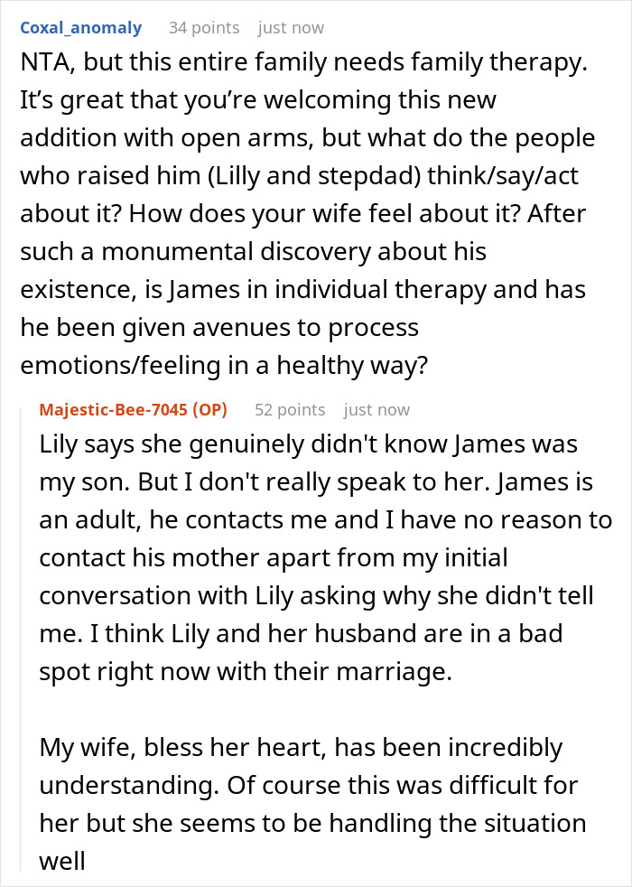 A screenshot of a Reddit comment suggesting family therapy for a dad and his sons, newly found bio son and adopted son. A screenshot of a Reddit comment suggesting family therapy for a dad and his sons, newly found bio son and adopted son.