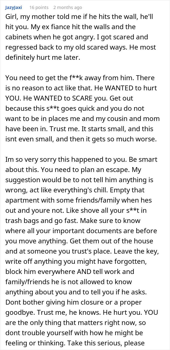 A detailed comment from jazyjaxi advises a woman to leave her fiancé due to his violent behavior when upset about football. A detailed comment from jazyjaxi advises a woman to leave her fiancé due to his violent behavior when upset about football.