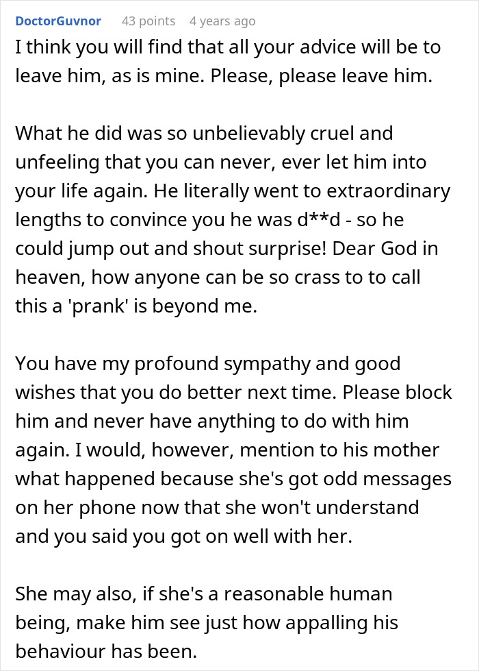 An online comment condemning a boyfriend's cruel prank, advising the girlfriend to leave the manipulative relationship. An online comment condemning a boyfriend's cruel prank, advising the girlfriend to leave the manipulative relationship.