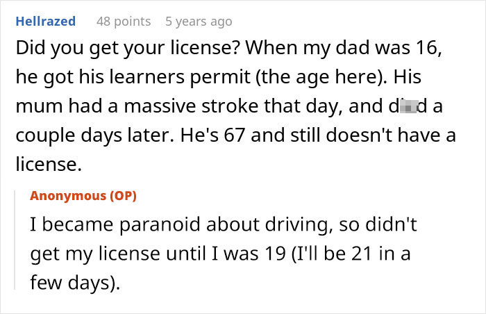 A user's comment about an entitled aunt and the difficulty of getting a driver's license. A user's comment about an entitled aunt and the difficulty of getting a driver's license.