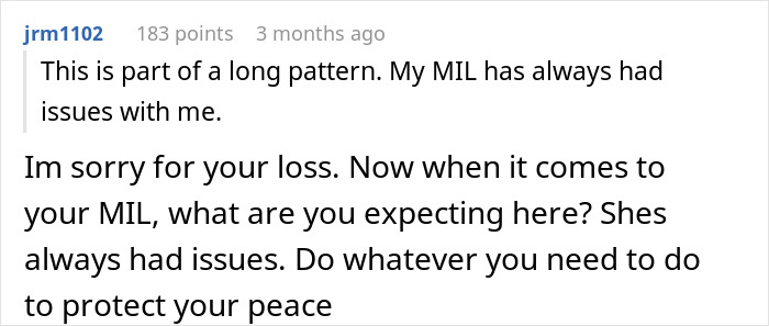 A Reddit comment supporting DIL after MIL turns pregnancy into a competition and shows no sympathy for her miscarriage. A Reddit comment supporting DIL after MIL turns pregnancy into a competition and shows no sympathy for her miscarriage.