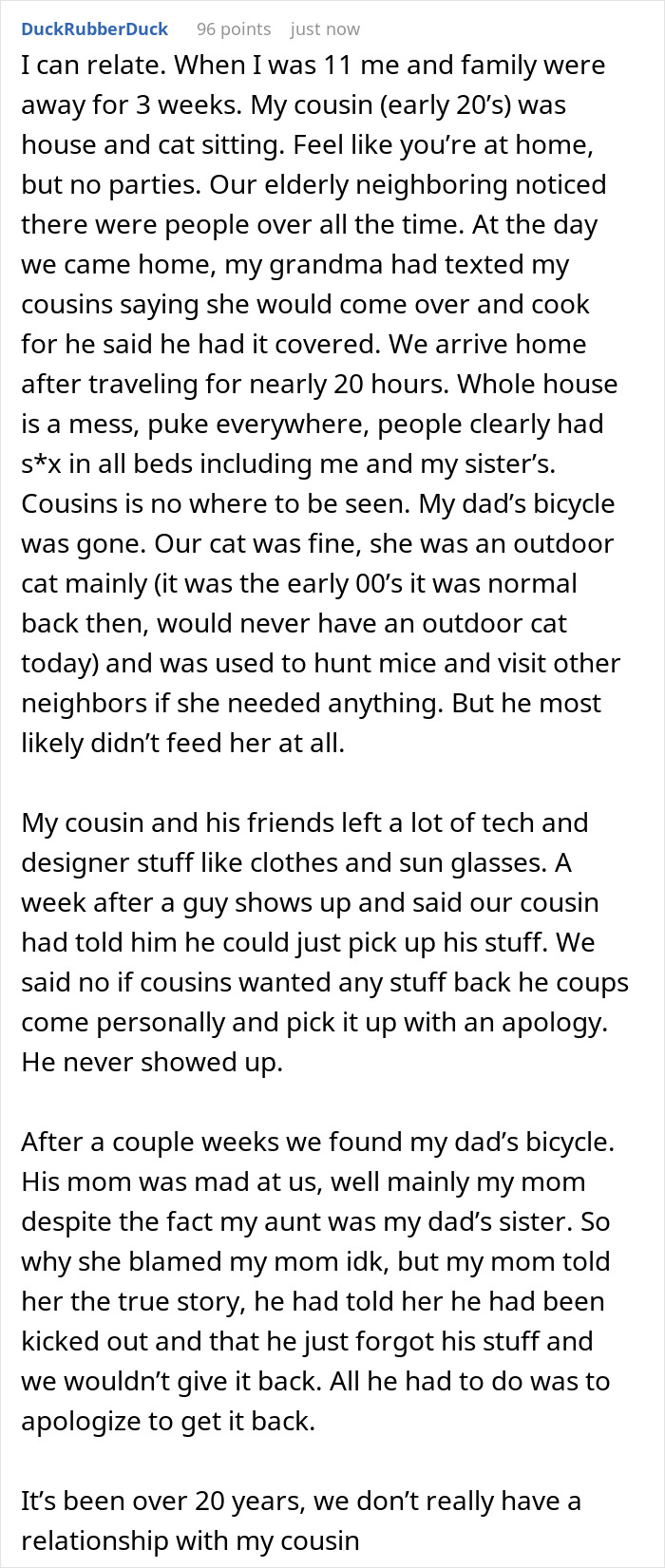 A screenshot of a Reddit comment about a house sitter leaving a home in disarray, leading to a lost cat.