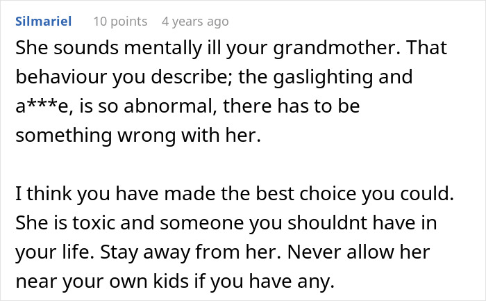 A comment describing the grandmother as mentally ill and toxic following the brother's wedding proposal.