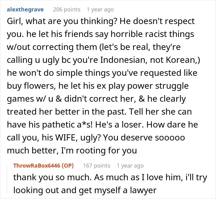 A screenshot of a comment advising a woman to get a lawyer after her husband's actions regarding his ex. A screenshot of a comment advising a woman to get a lawyer after her husband's actions regarding his ex.