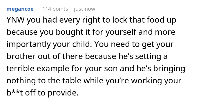 Reddit comment about a moocher setting a bad example for a son and getting violent over food.
