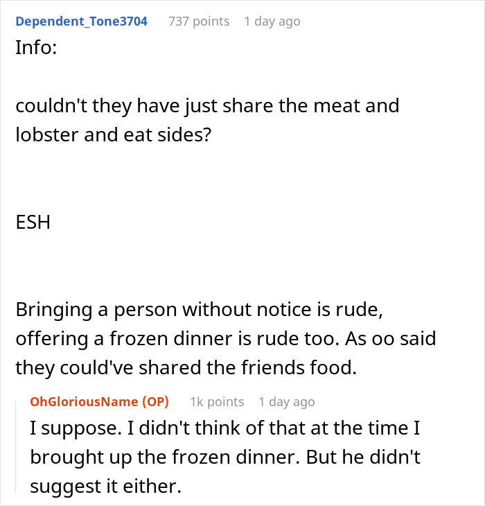 A Reddit comment discussing sharing a steak and lobster dinner or offering a frozen meal. A Reddit comment discussing sharing a steak and lobster dinner or offering a frozen meal.