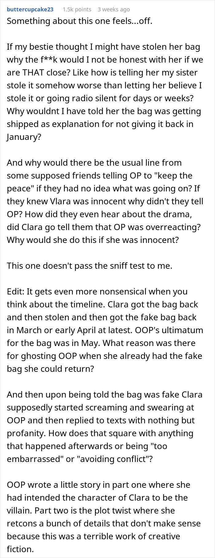 A lengthy comment questioning Clara's actions and motives regarding the designer bag and her friendship. A lengthy comment questioning Clara's actions and motives regarding the designer bag and her friendship.